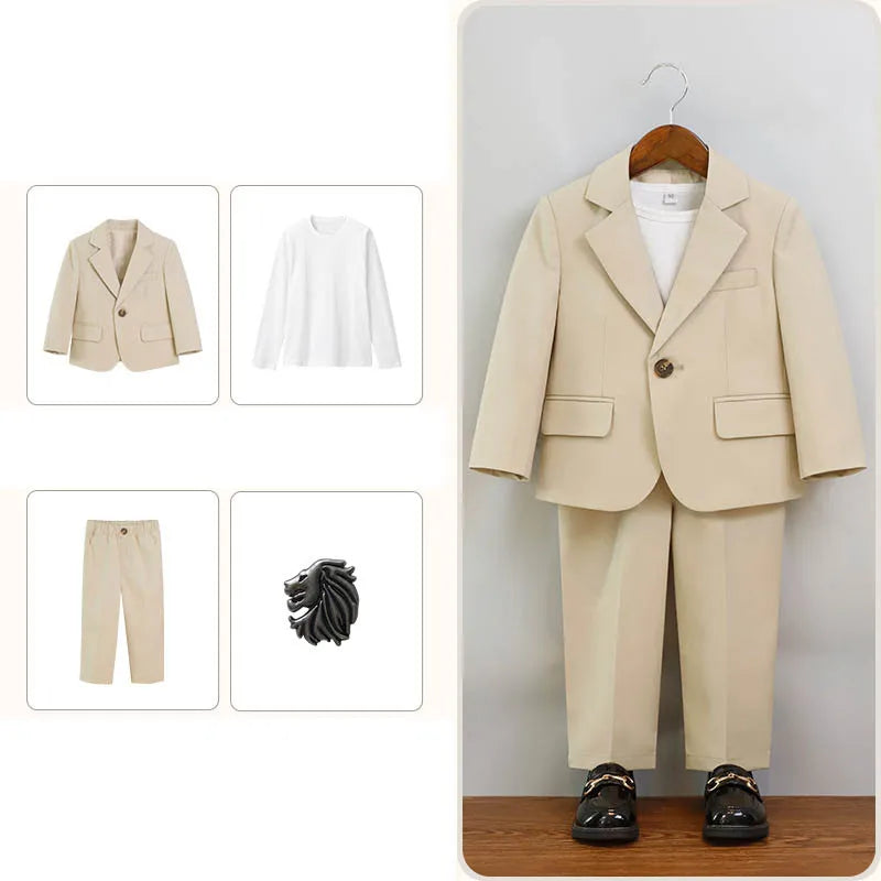 Boys Summer Khaki Pink Photography Suit Gentleman Kids Breathable Jacket Pants Ceremony Costume Children Silm Fit Wedding Dress