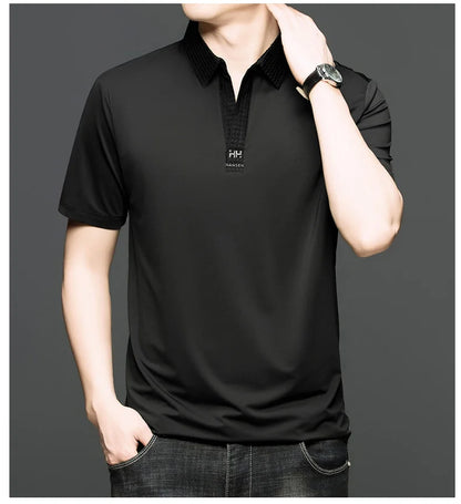 Fashion V-neck short sleeve T-shirt men's summer solid color silky smooth breathable personalized jacquard buttonless polo shirt