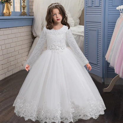 New Flower Girl Wedding White Lace Dress Elegant Girl Beauty Pageant Princess Long Dress 4-12-year-old Summer Children's Clothin