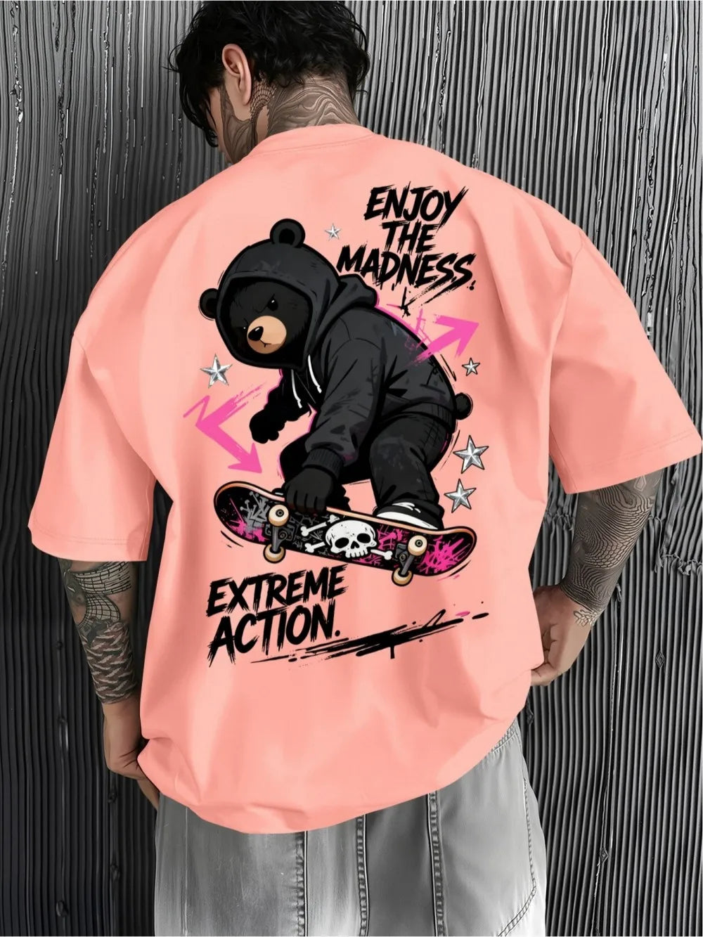 American men's summer trend skateboard teddy bear letter print soft and breathable round neck T-shirt outdoor casual top
