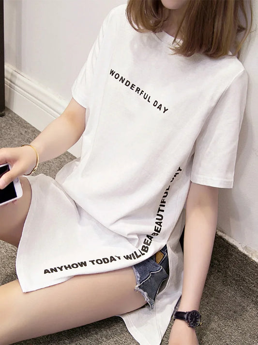T shirts Summer Women Loose Slit Femme Tops  Tshirt Short sleeve Ladies t-shirt