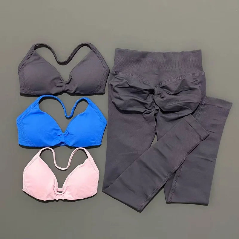 2 Piece Sports Set Women Yoga Backless Halter Bra High Waist Scrunch Seamless Pants Sport Suit Gym Sportswear Workout Set