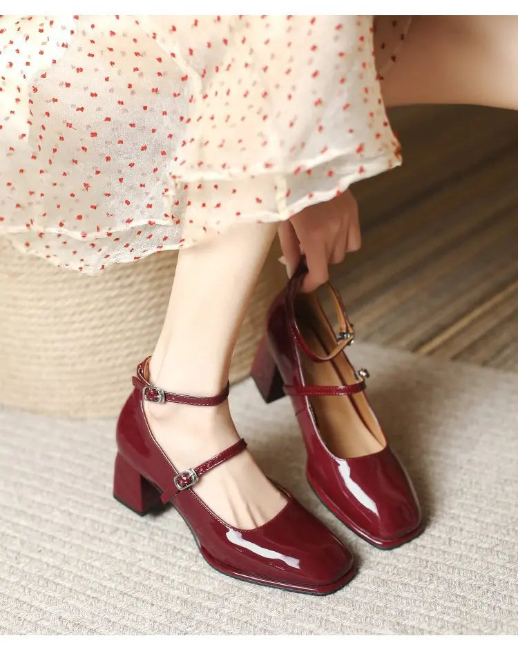 2024 New Mary Jane Shoes High Quality Leather Shoes Shallow Square Toe Womens Sandals Buckle Strap Women's Pumps