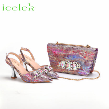 Spot Goods Italian Fashion Women Heels Elegant Orange Color Block Design Brown Shoes And Bag Full Rhinestone Party Bag