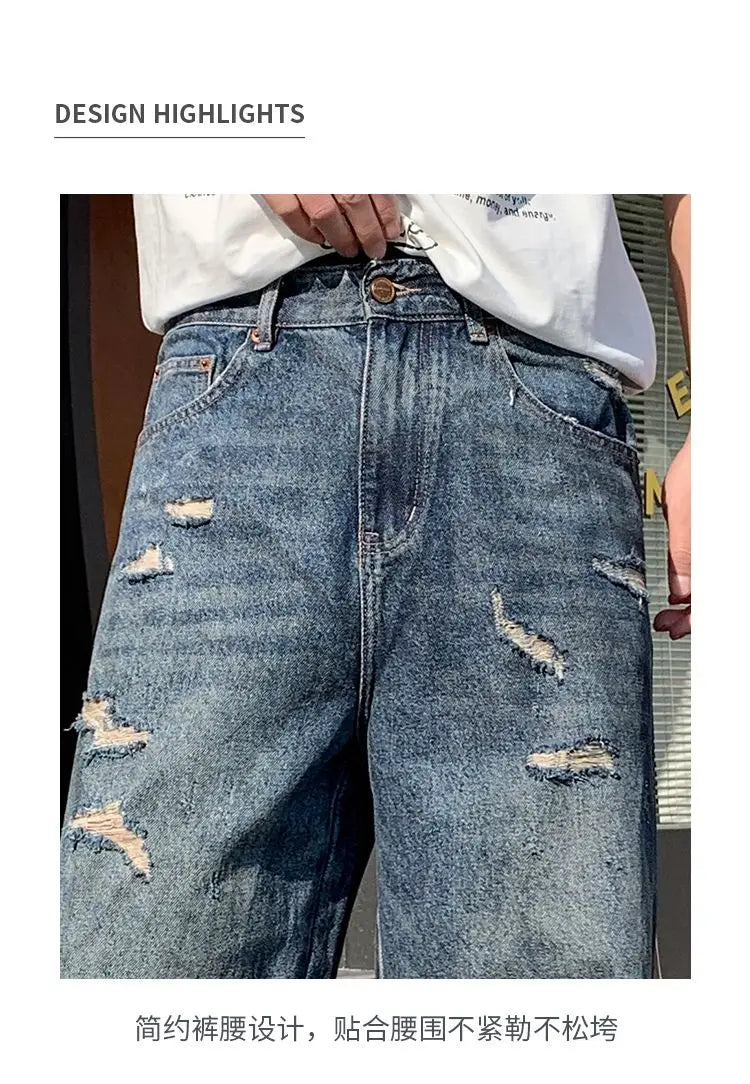 American-style distressed wide-leg jeans, loose-fitting washed and distressed straight-leg jeans, trendy brand.