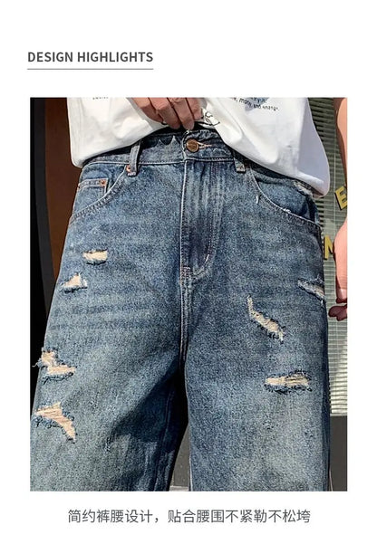 American-style distressed wide-leg jeans, loose-fitting washed and distressed straight-leg jeans, trendy brand.