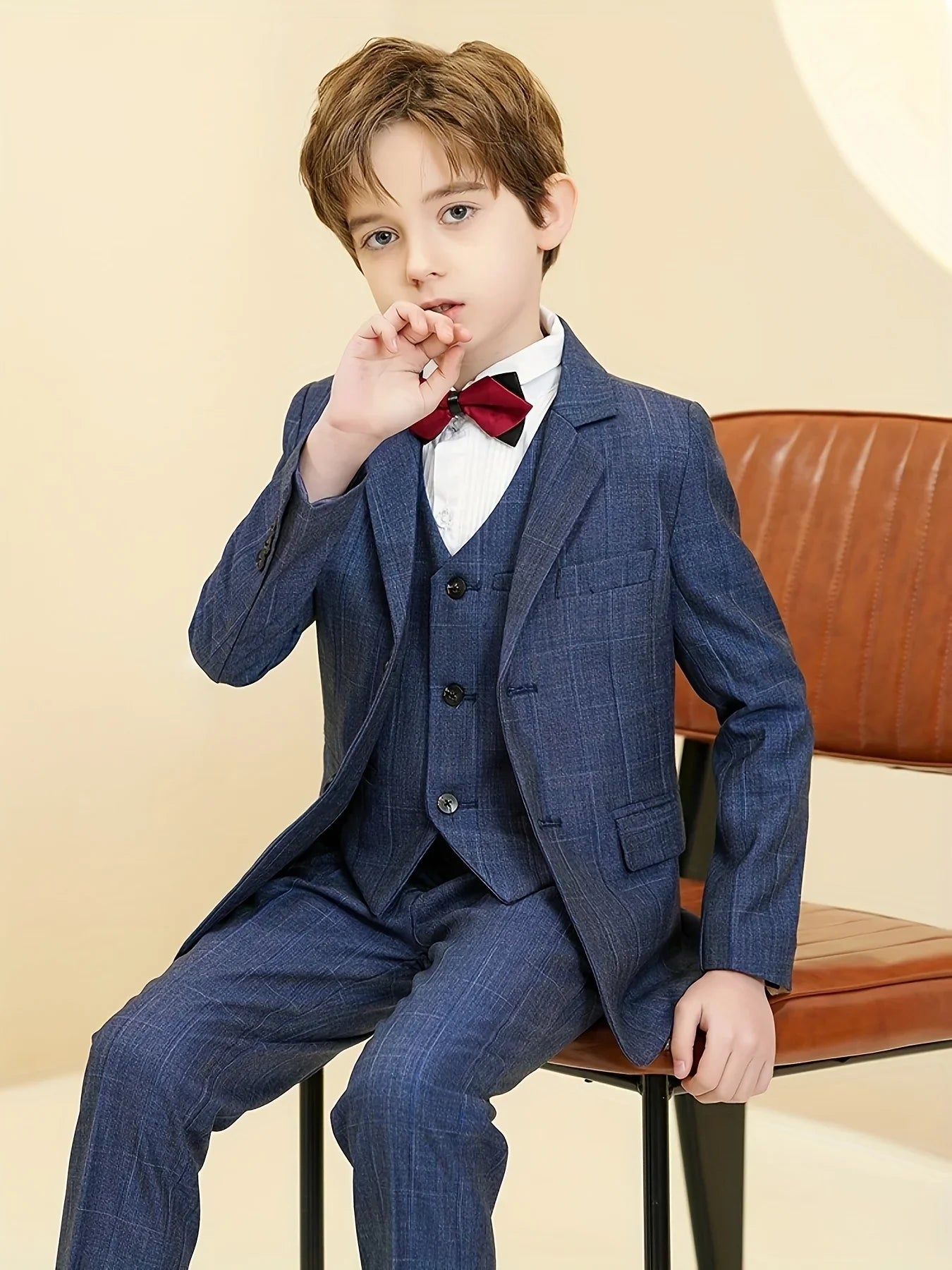 Boys Plaid Suit 3 Piece Jacket Vest Pants Wedding Birthday Party Ceremony Competition Size 4-16Y Teen Suit
