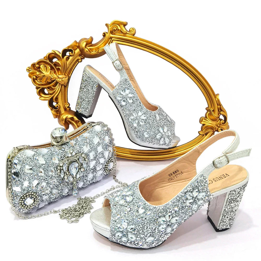 Luxury Fashion Ladies High Heel Slippers and Bags Set with Rhinestones for Wedding