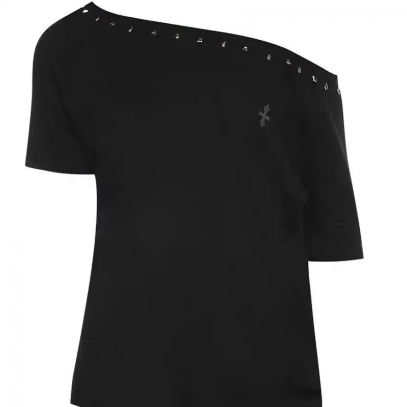Black Off Shoulder Cross Women's T-shirt Short Sleeve 2000s Clothes Y2k Summer Tops Tees Female Clothing Chic Vintage