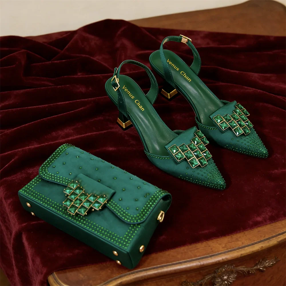 Italian Design Olive Green rhinestone Pointed-Toe Women's High Heels & Matching Bag Set - Ideal for Parties & Weddings