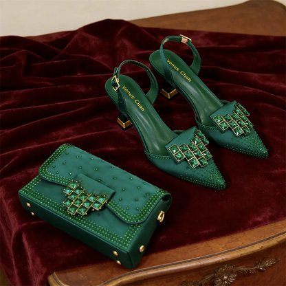 Italian Design Olive Green rhinestone Pointed-Toe Women's High Heels & Matching Bag Set - Ideal for Parties & Weddings