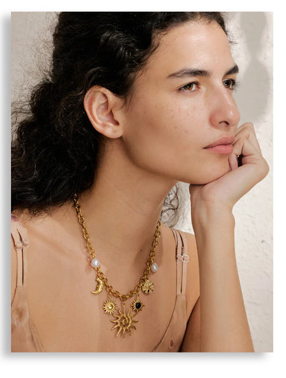 Trendy Starfish Moon Sun Shaped Pendant Charm Necklace Statement Stainless Steel Golden Chain Fashion Jewelry PVD Plated