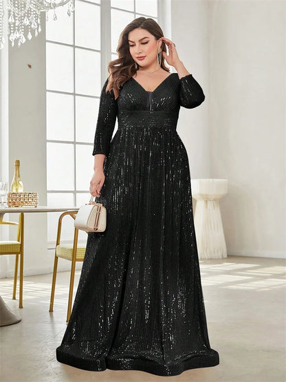 Plus Size Luxury V-Neck Long Sleeves Sequins Evening Dress For Women 2024 Wedding Party Prom Maxi Cocktail Bridesmaid Gowns