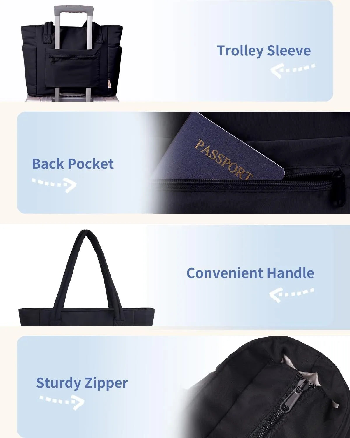 Ladies Lightweight Portable Tote Bag Quilted Travel Bag Casual Shoulder Bag in Black Khaki Colors small tote bags for women