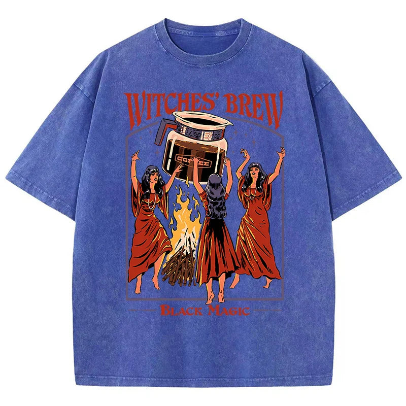 Witches Brew Coffee Black Magic Washed Retro Snow Mens T Shirt Summer Clothes Casual Tee Clothes T-Shirt Cotton Breathable Tops