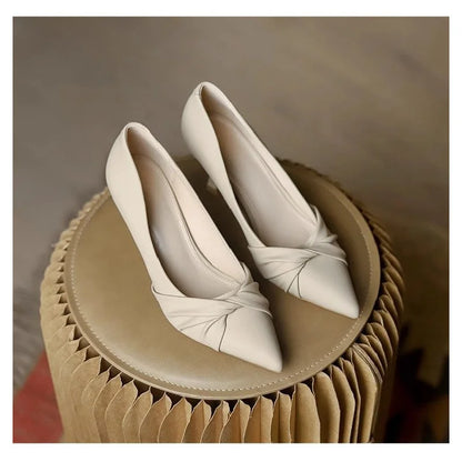 2026 New Women's Pointed Toe Stiletto Heels, Elegant Beige Ruched Pumps, Comfortable Commuter Shoes for Wedding Party Dress