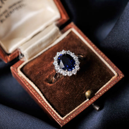 Halo Rings for Women Created Blue Sapphire Nano Emerald Red Ruby Princess Diana 2.67ct Oval Cut 925 Sterling Silver Rings