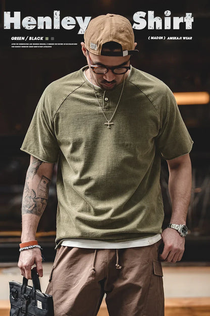 Japanese Vintage Heavyweight Henley T-Shirt Men Distressed Loose Short Sleeve Tops Casual Button Cotton Washed Tee Shirts