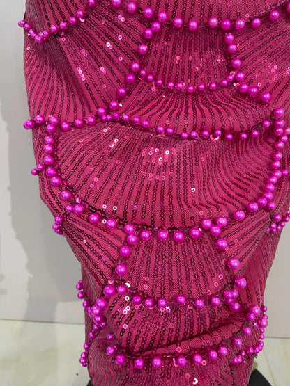 Women Hot Sale Sleeveless Sexy Strap Pearl Beading Sequins Bodycon Long Dress Celebrate Evening Party Birthday Outfit Vestido