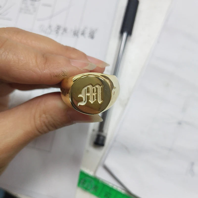 Custom  Engraved Pinky Ring 13mm Round Signet  Ring Custom Family Badge ring for Women Men Ring Copper Jewelry