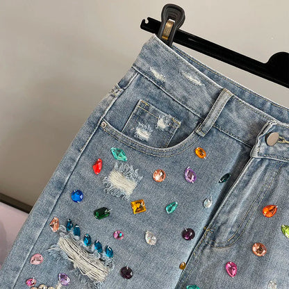 Colorful Diamond Studded Nail Bead Ripped Jeans Blue High Waisted Loose Shorts Shiny Fashionable Versatile Casual Trousers
