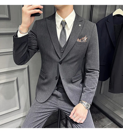 Slim Fit Men's Three Piece Suit Thin Single Button Notch Lapel Casual Fashion Cotton Blend Spring Autumn Wear for Youth