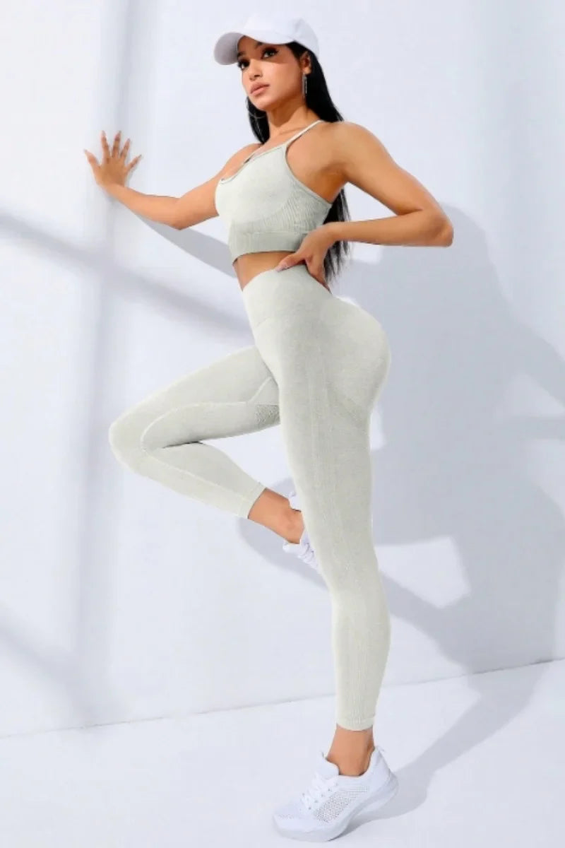 Women Yoga Set 2/Pcs Seamless Workout Outfits Yoga Sportswear Tracksuit Leggings And Thin Shoulder Strap Stretch Sports Bra Fitn