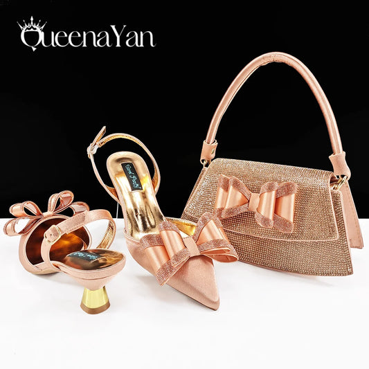 Italian Design High Quality Elegant Butter-fly Design Decoration Peach Color Party Wedding Women Shoes and Bag