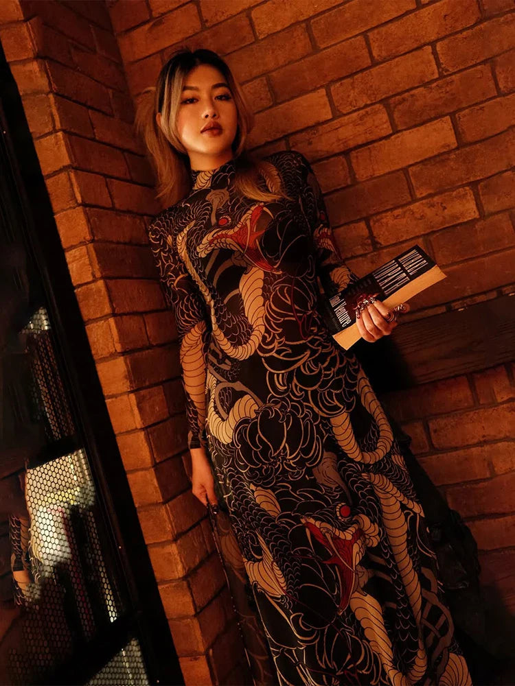 See Through Blouse Women Snake Print Half-High Neck Long Sleeves High Slits High Elasticity Street Skinny Trend Long Tops