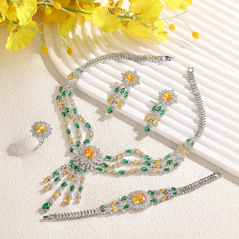 2024 Bridal Zirconia Full Jewelry Sets For Women Party 4pcs Luxury Dubai Nigeria CZ Crystal Wedding Necklace Sets
