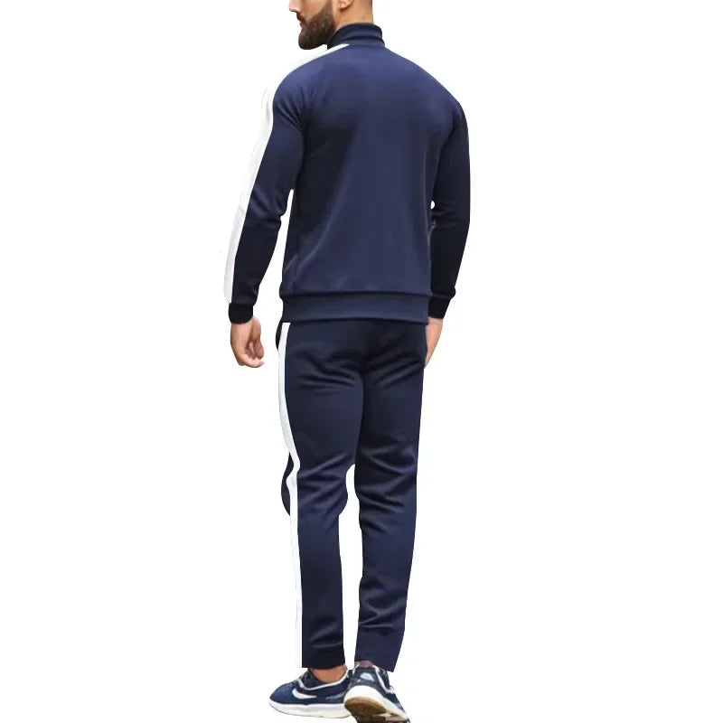 2025 Spring Autumn Men's 2-Piece Set Color Blocking Zipper Stand Collar Casual Sports Jacket Sweatshirt Trousers Suit