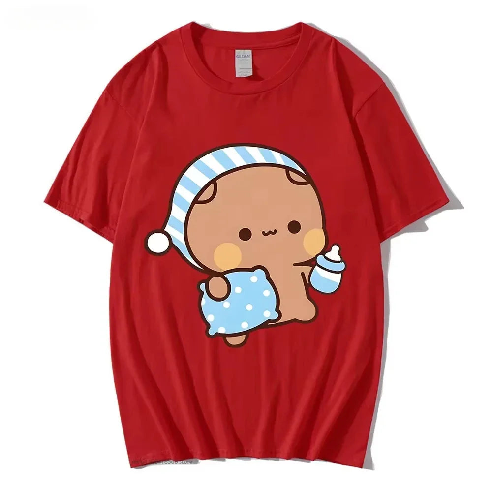 Couple Tshirt Cute BuBu Panda Going To Sleep with DuDu Bear Graphic Tshirt Women Clothes Sleeve Tops Women's Clothing