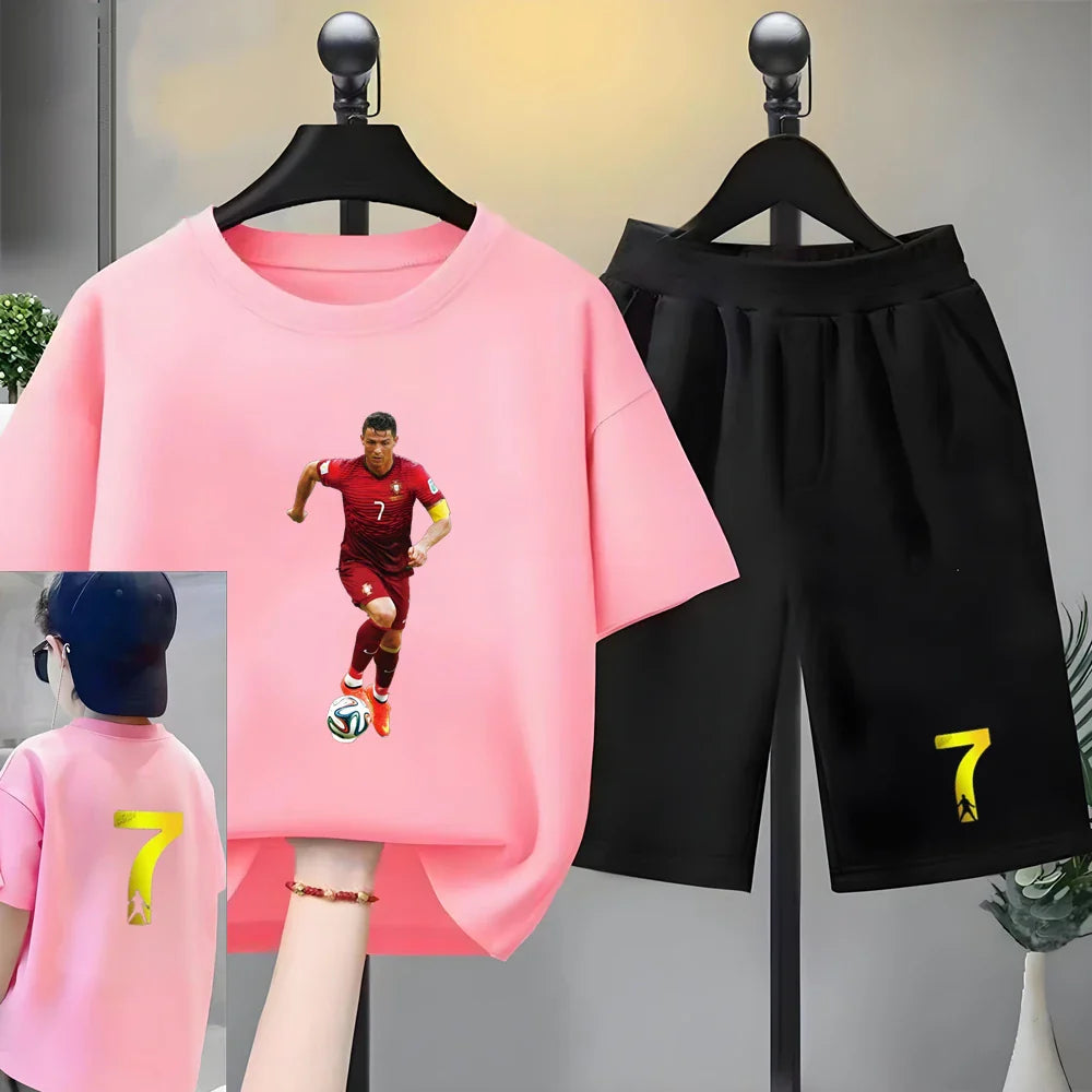 Children Football Player Player No. 7 Print Clothing Short-sleeved T-shirt+Shorts Boys Girls Toddler 3-12Yrs Sports Set Summer