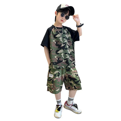 Teenage Boys Summer Camouflage Suit Thin Short-sleeved T-shirt Shorts Suit Children's Casual sports Suit Boys Clothes Sets