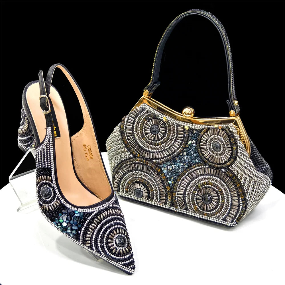 2025 Moda Mais Recente Chegada Laranja Ponta Fina Sandálias Femininas Sapatos com Bolsa Conjunto para Senhoras Festa de Casamento Salto