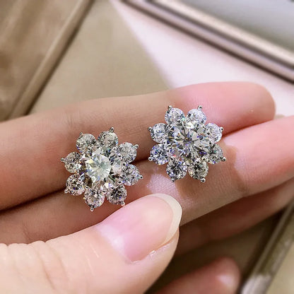 100% Real S925 Sterling Silver Floral Zircon Stud Earrings Women High Carbon Diamond Earring Ear Studs Fine Jewelry Gift