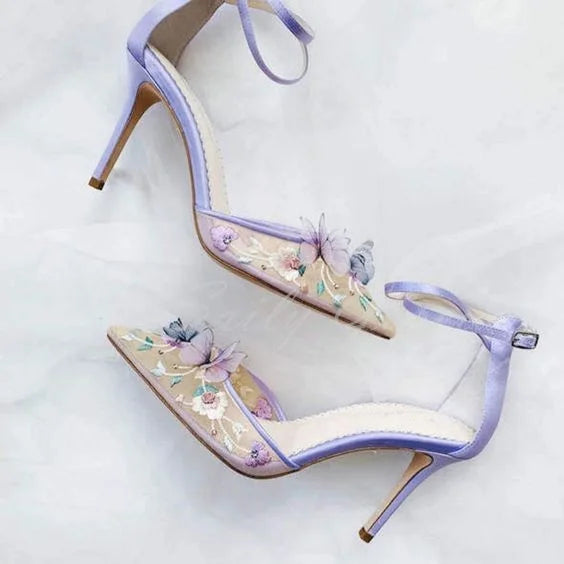 Butterfly High Heel Pumps Women Purple Mesh Pointed Toe Stiletto Heel Garden Party Shoes Ladies Wedding Shoes