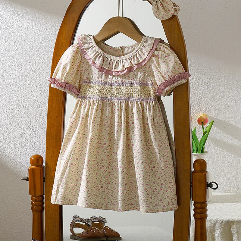 1-6Yrs Casual Summer Kids Girls Dress Floral Kids Clothes Ruffled Collar Purple Baby Girl Princess Dress New Flower Girl Dresses