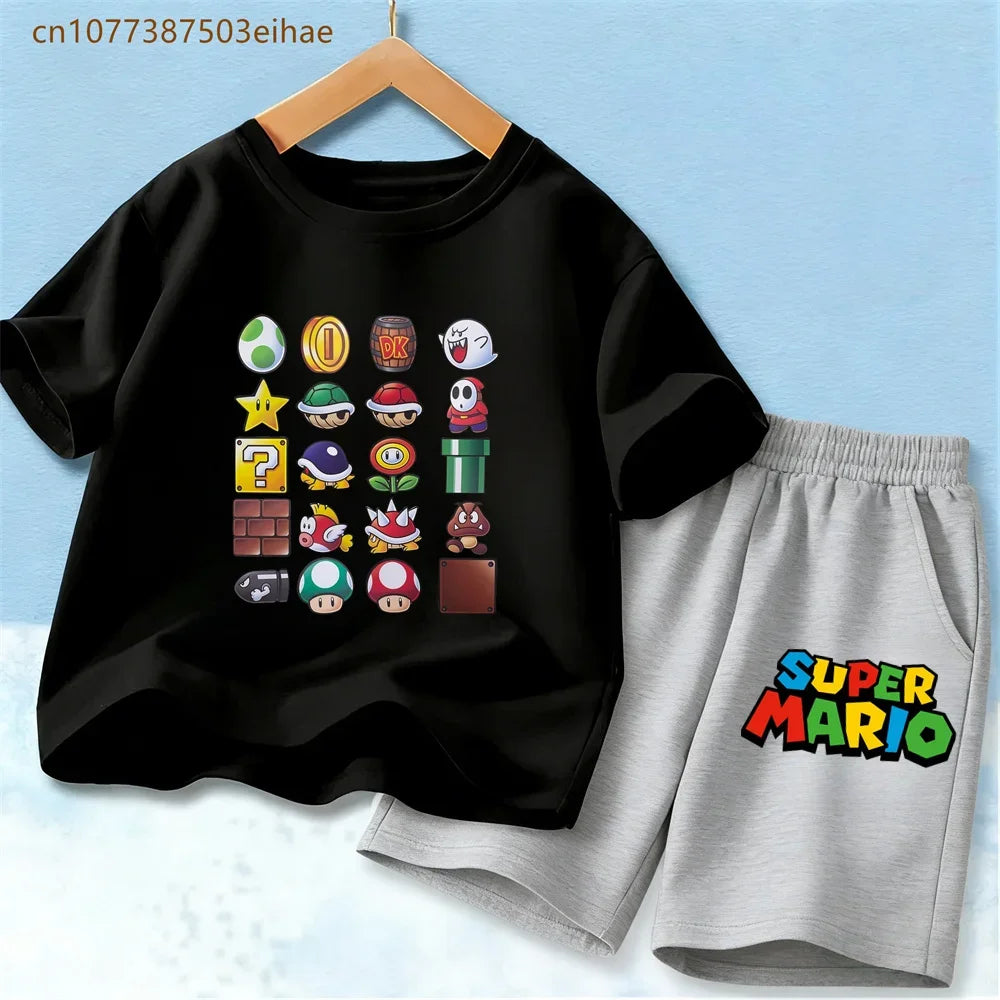 Summer Casual Kids Clothing Set Mario Cartoon Print Pure Cotton Short Sleeve Tee And Shorts 2PCS Wear For Boys Girls