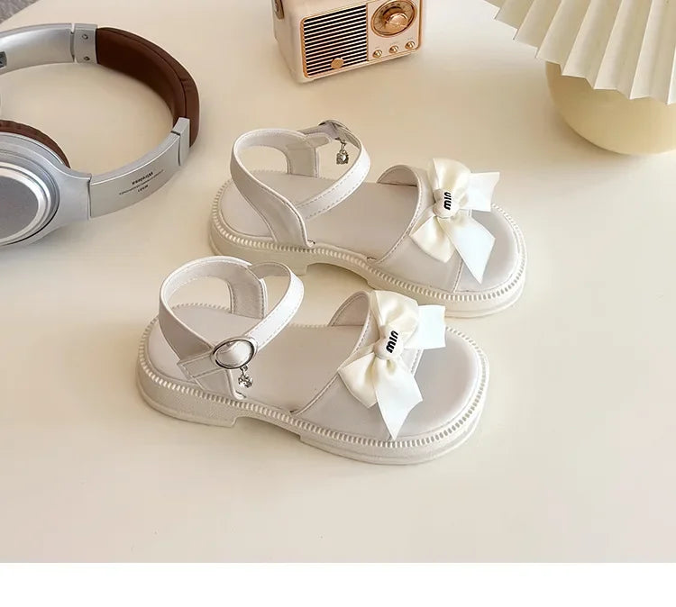 2025 New Children's Sandals Summer Bow Princess Casual Shoes Children's Soft Bottom Beach Flat Shoes Fashionable and Versatile