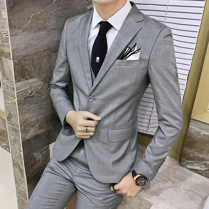 Suit (Blazer+vest+pants) Men's Fashion Business Korean Version of Solid Color Slim-fit Wedding Professional Gentleman Dress 6XL