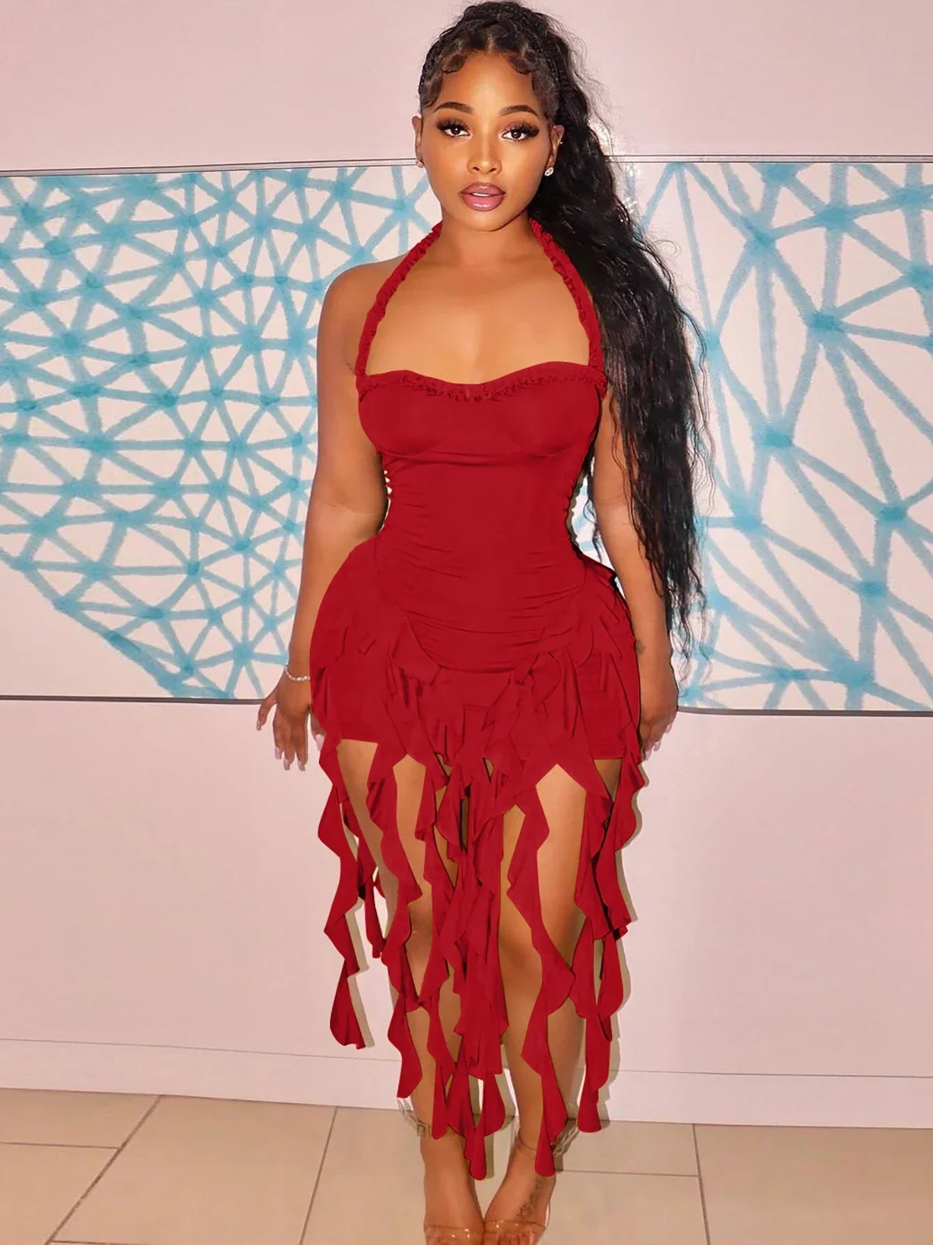 Elegant Halter Solid Ruffles Backless Taseel Sexy Slim Mini Dress Spring Women Cute Outfits Birthday Party Vacation