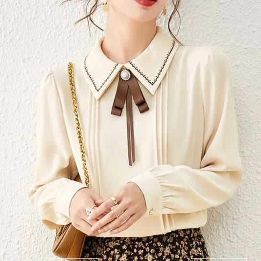 Women Spring Autumn Style Blouses Shirts Lady Casual Long Sleeve Peter Pan Collar Blusas Tops