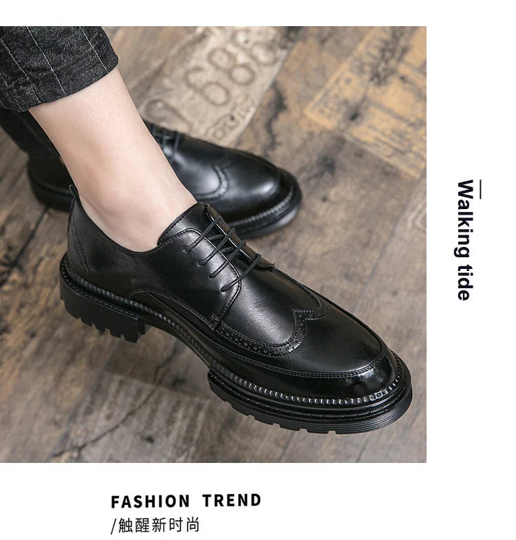 New Brock engraved casual leather shoes for men genuine leather business formal wear British thick-soled height-increasing style