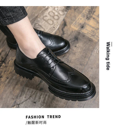 New Brock engraved casual leather shoes for men genuine leather business formal wear British thick-soled height-increasing style