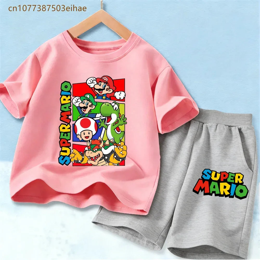 Lovely Mario Pattern Boys Girls Clothing Sets Soft Cotton Short Sleeve T Shirt + Casual Shorts 2PCS Summer Daily Wear Outfits