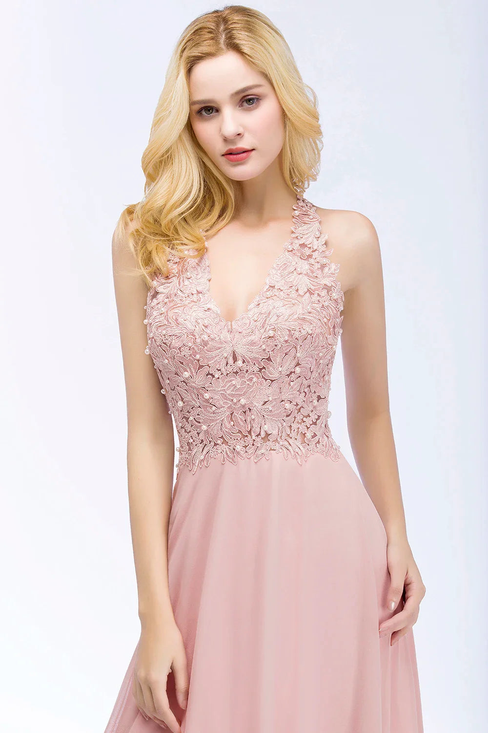 Vestido de Madrinha com Gola Halter Renda Pérolas Corpete Saia Longa até o Chão Chiffon Sexy Costas Abertas Roupa de Casamento
