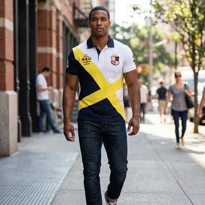 Men's polo shirt Short-sleeved casual fashion polo shirt cross stitching color contrast classic pattern embroidery stitching