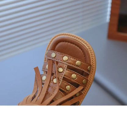 England Style Fashion Tassel Sandals Summer New Side Zipper Rivet High-top Sandals Student Beige Brown Roman Shoes Fringe I05235