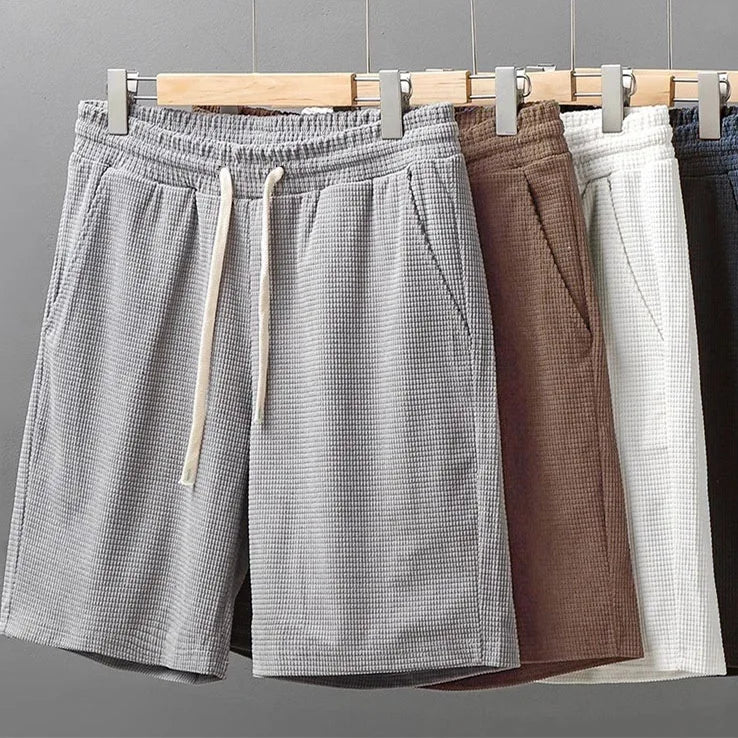Men Shorts Solid Color Mid Waist Summer Motion Waffle Texture Deep Crotch Drawstring Male Shorts Loose Knee Length Casual Short